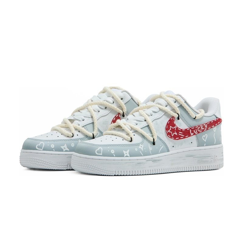 Custom Air Force 1 Shoes Light Gray Red Lucky Star - Image 3