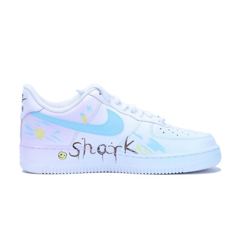 Custom Air Force 1 Shoes White Blue Graffiti Shark - Image 2