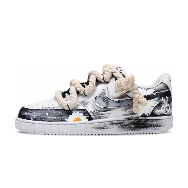 Custom Court Shoes Black White Autumn Chrysanthemum
