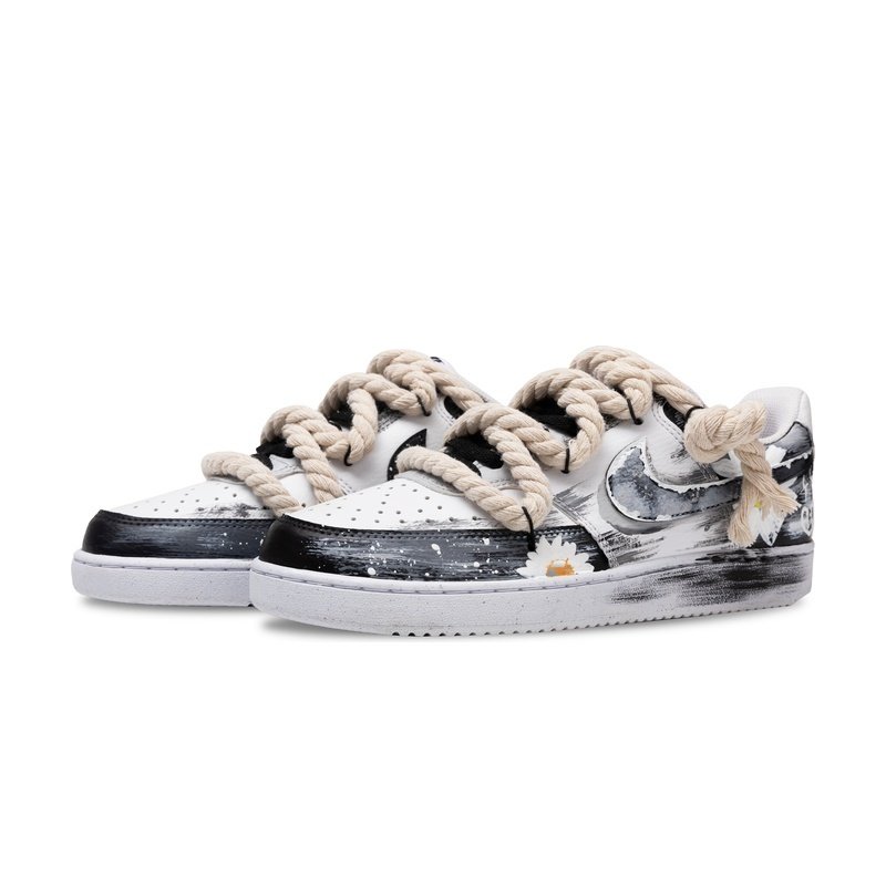 Custom Court Shoes Black White Autumn Chrysanthemum - Image 3