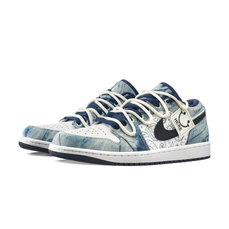 Custom Jordan Shoes White Blue Denim Paisley - Image 3