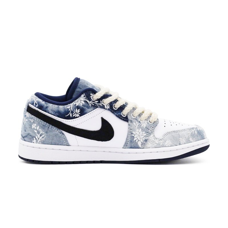 Custom Jordan Shoes White Blue Floral Denim - Image 2