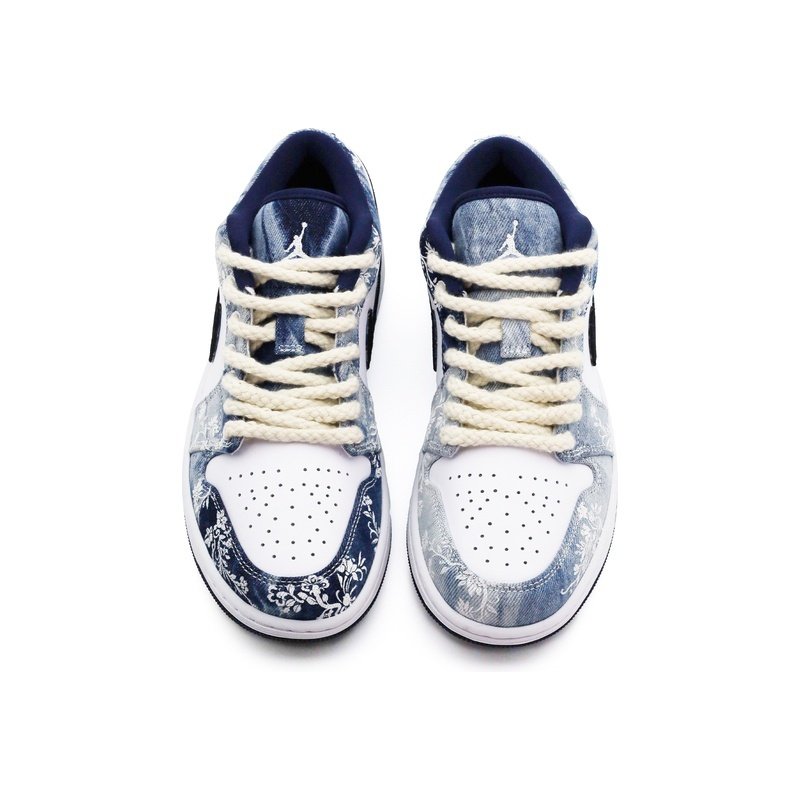 Custom Jordan Shoes White Blue Floral Denim - Image 4